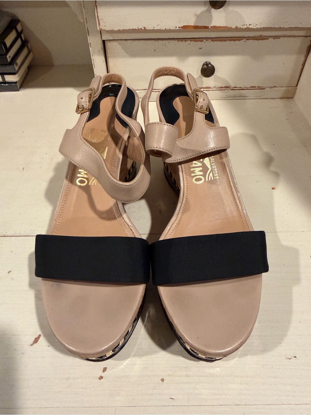 Ferragamo Beige and Black Two-Tone Women's Sandals